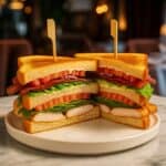 Club sandwich con pollo, bacon, lattuga e pomodoro servito su piatto bianco in ristorante elegante