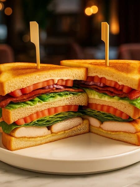 Club sandwich con pollo, bacon, lattuga e pomodoro servito su piatto bianco in ristorante elegante