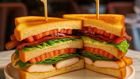 Club sandwich con pollo, bacon, lattuga e pomodoro servito su piatto bianco in ristorante elegante