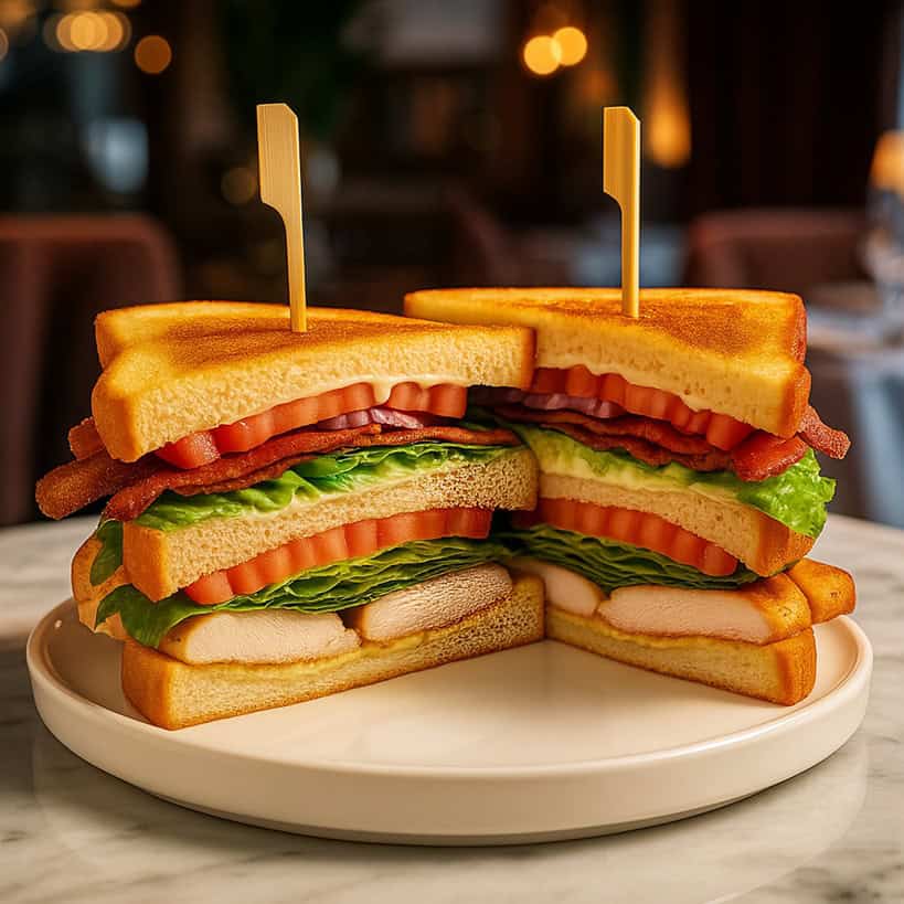 Club sandwich con pollo, bacon, lattuga e pomodoro servito su piatto bianco in ristorante elegante