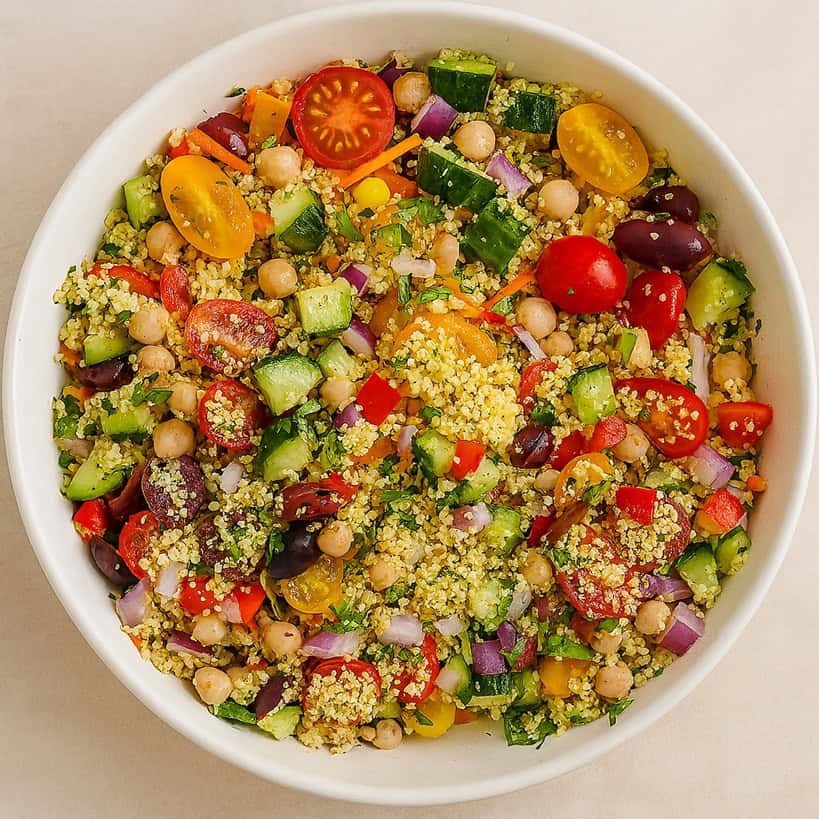 Ciotola con cous cous condito, verdure miste e olio extravergine d’oliva