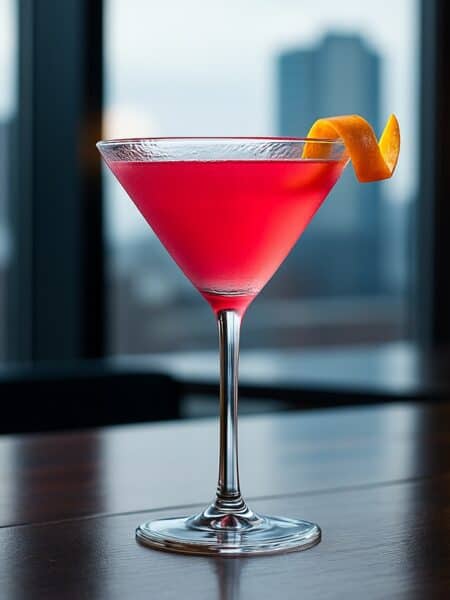 Un Cosmopolitan cocktail rosa vibrante in una coppa Martini, guarnito con una scorza d'arancia.