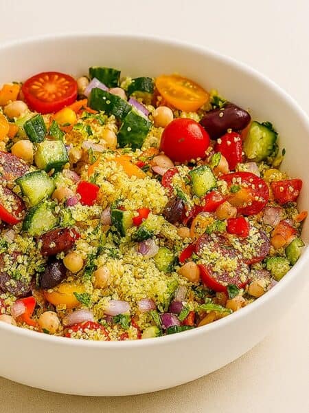 Cous cous di verdure freddo servito in una ciotola estiva