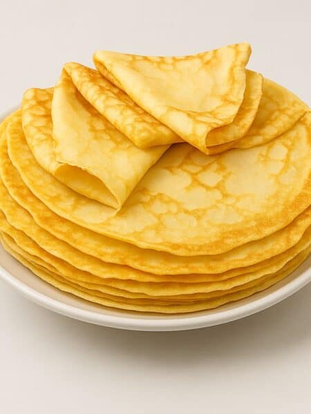 Crepes dolci e salate impilate su piatto bianco, pronte per essere gustate.
