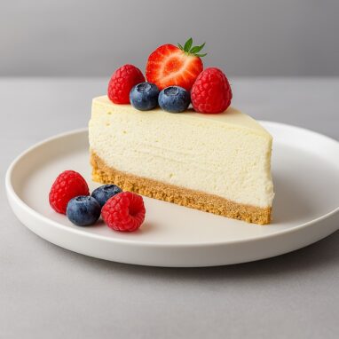 Fetta di cheesecake fredda decorata con lamponi, mirtilli e fragola su piatto bianco