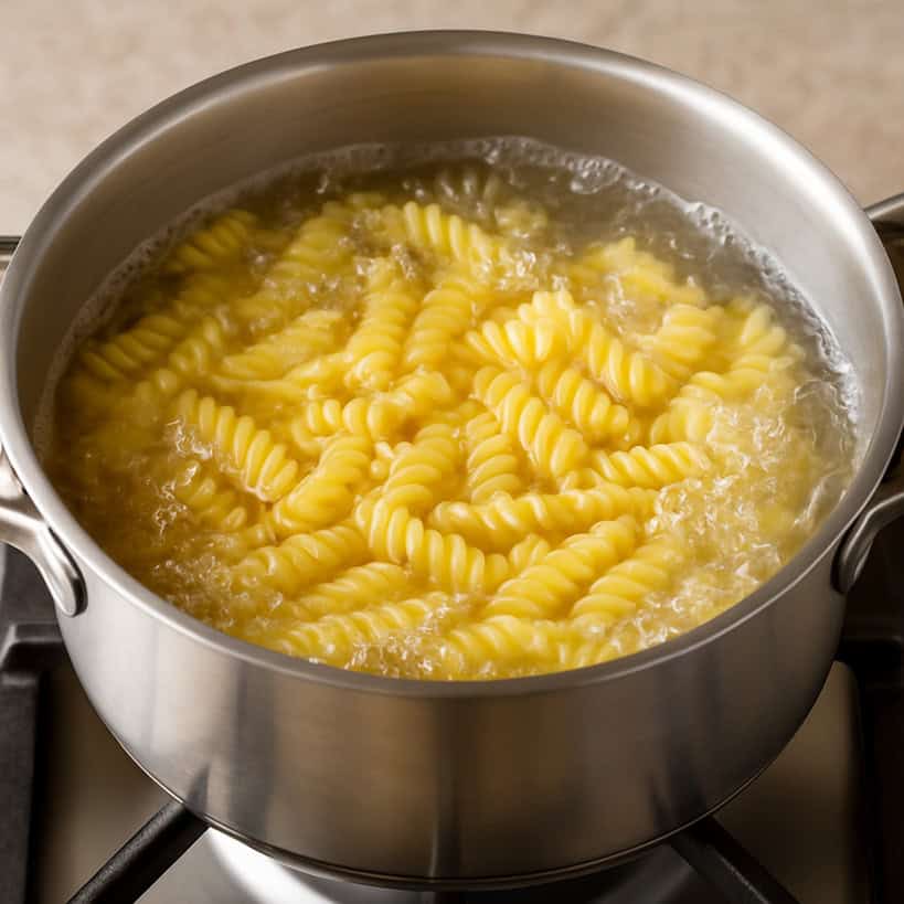 Fusilli che cuociono in acqua bollente in una pentola d'acciaio