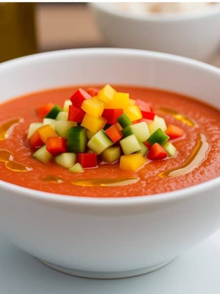 Ciotola di gazpacho andaluso con pomodori, peperoni e cetrioli freschi, servita fredda con crostini su sfondo estivo