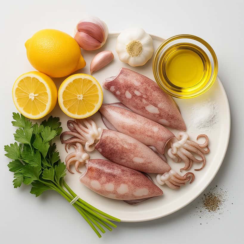 Ingredienti freschi per preparare calamari alla griglia: calamari, limoni, prezzemolo, aglio, olio extravergine, sale e pepe