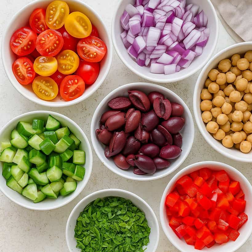 Ciotoline con pomodorini tagliati, cetrioli, peperoni, cipolla rossa, olive, ceci e prezzemolo