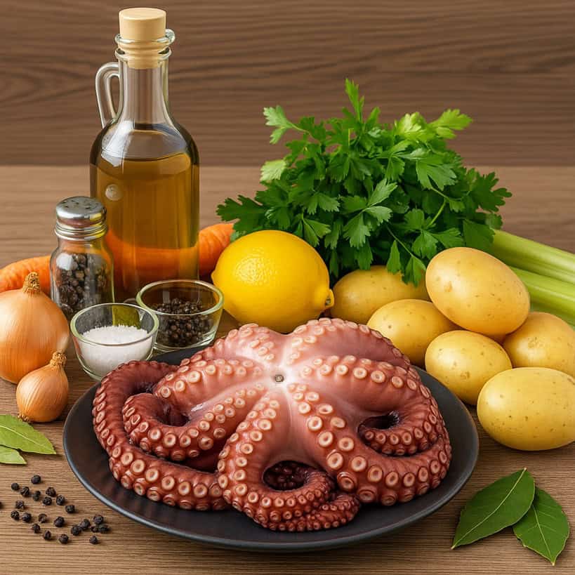 Ingredienti freschi per polpo con patate su fondo rustico: polpo crudo, patate, limone, cipolla, olio, sedano, carota e prezzemolo