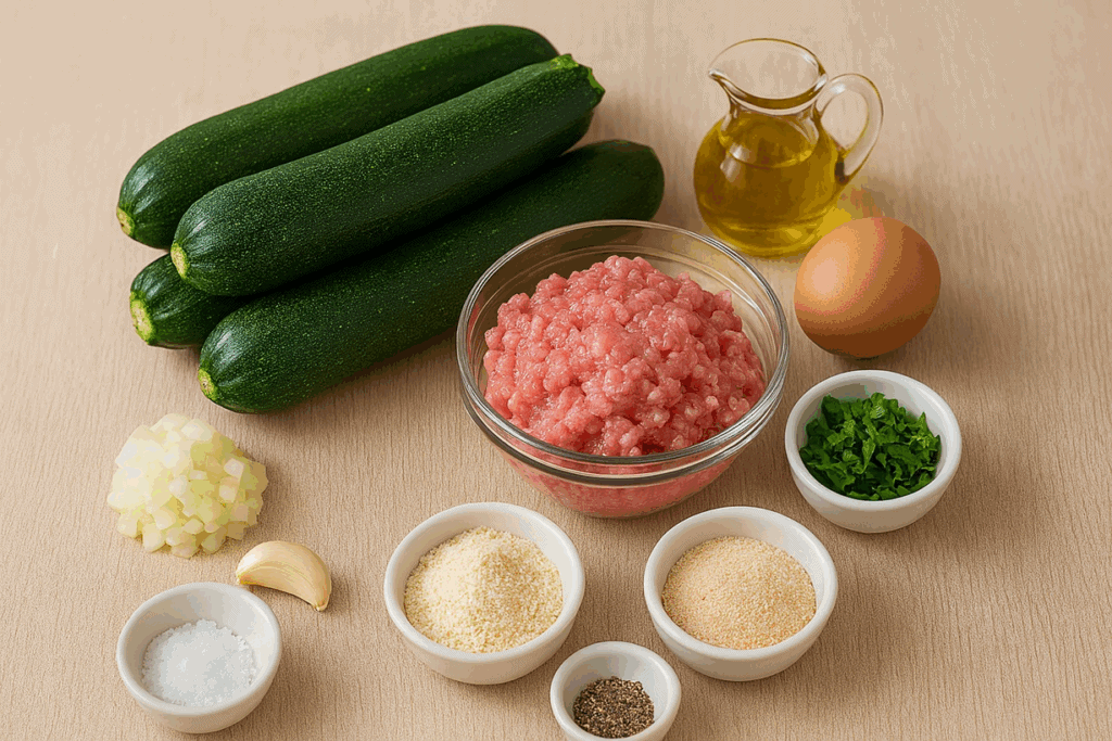 Ingredienti disposti su un piano da cucina per preparare zucchine ripiene di carne: zucchine intere, carne macinata, uova, parmigiano grattugiato, pangrattato, cipolla, aglio, sale, pepe, prezzemolo e olio d’oliva.