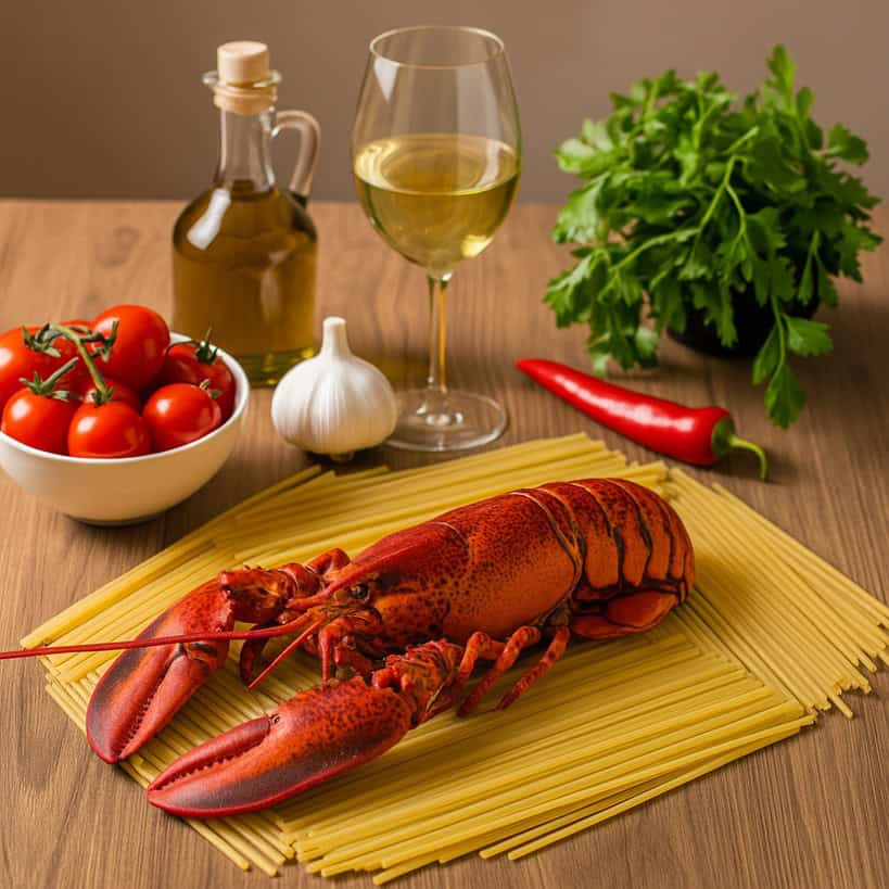 Ingredienti freschi per linguine all’astice con astice intero, linguine crude, pomodorini, aglio, prezzemolo, vino bianco, peperoncino e olio d’oliva