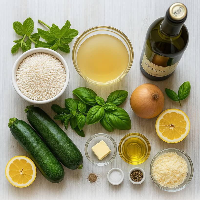 Ingredienti freschi per preparare un risotto alle zucchine, disposti su sfondo chiaro