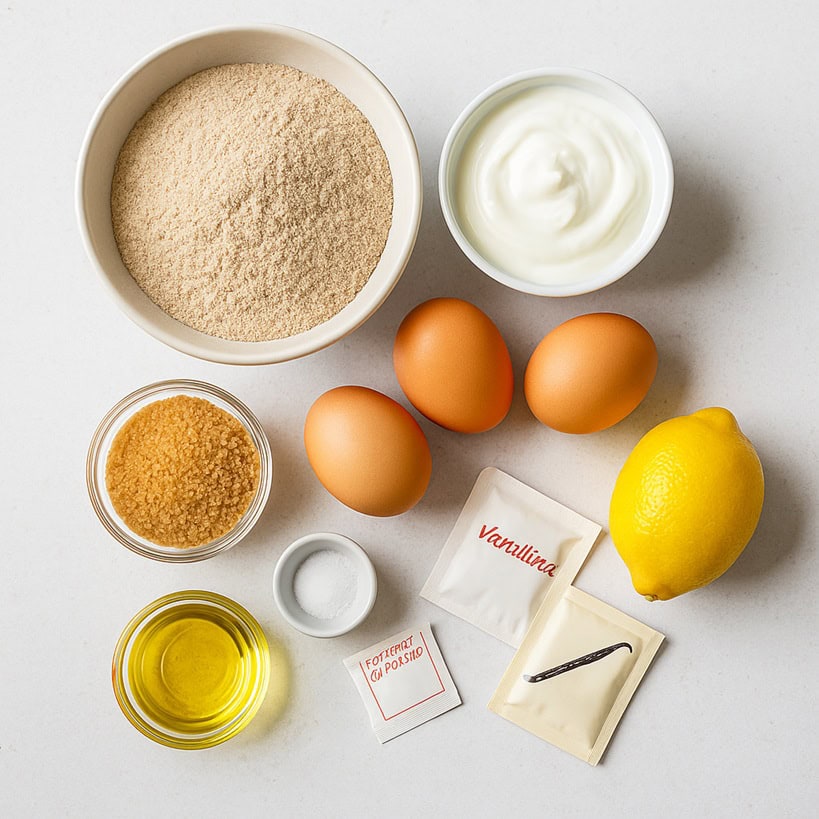 Ingredienti disposti ordinatamente per preparare la torta integrale allo yogurt