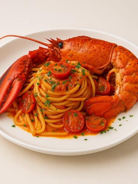 Linguine all’astice servite su piatto bianco