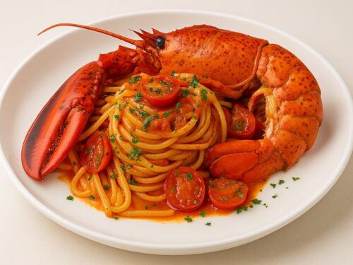 Linguine all’astice servite su piatto bianco
