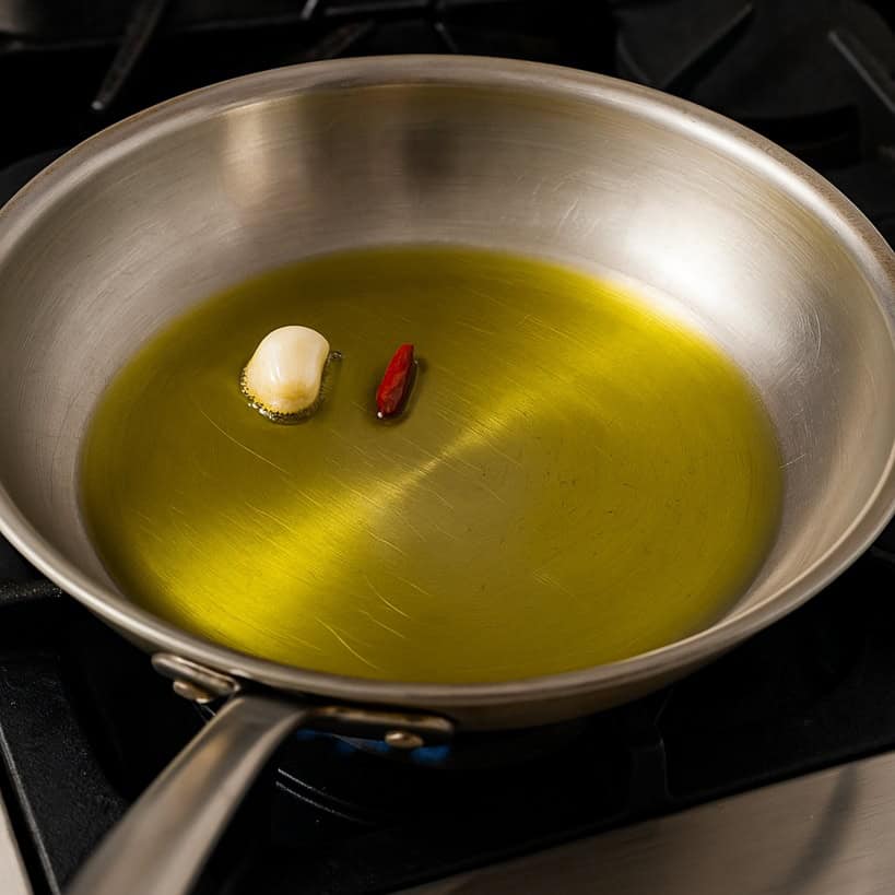Padella sul fuoco con olio extravergine, aglio in camicia e peperoncino per fondo aromatico