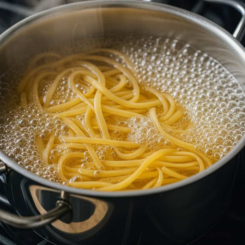 Linguine immerse in acqua bollente in una pentola d’acciaio su fornello a gas