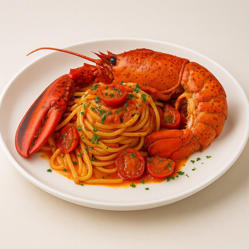 Linguine all’astice servite su piatto bianco