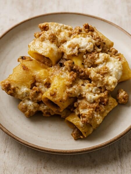 Maccheroni alla Pesarese serviti su un piatto rustico, con sfondo chiaro e dettagli naturali.