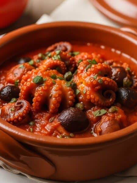 Moscardini alla Luciana nel pignatiello in terracotta con sugo, olive nere e capperi.