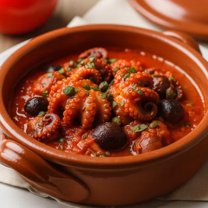 Moscardini alla Luciana nel pignatiello in terracotta con sugo, olive nere e capperi.