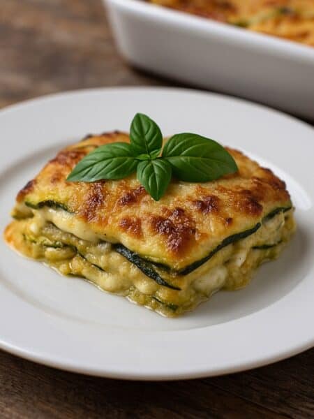 Parmigiana di zucchine bianca servita su piatto elegante