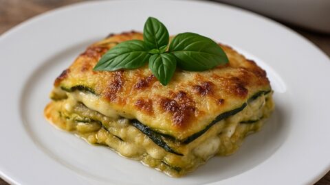 Parmigiana di zucchine bianca servita su piatto elegante