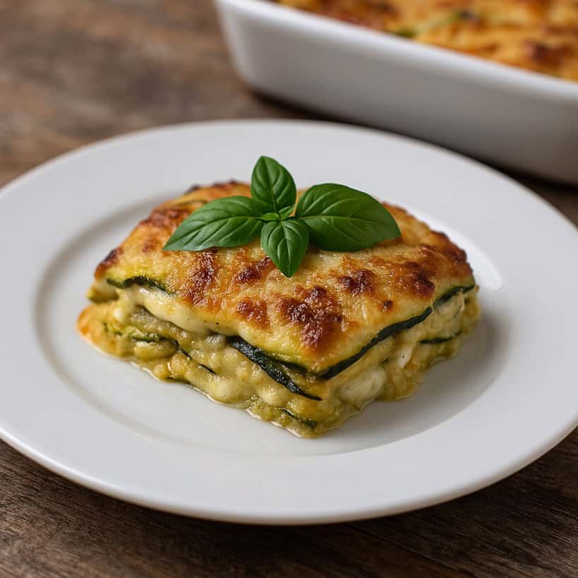 Parmigiana di zucchine bianca servita su piatto elegante