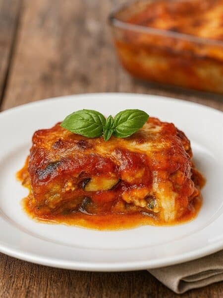 Parmigiana di zucchine servita su piatto bianco elegante, con basilico fresco, su sfondo rustico in legno e pirofila con parmigiana di zucchine sullo sfondo.