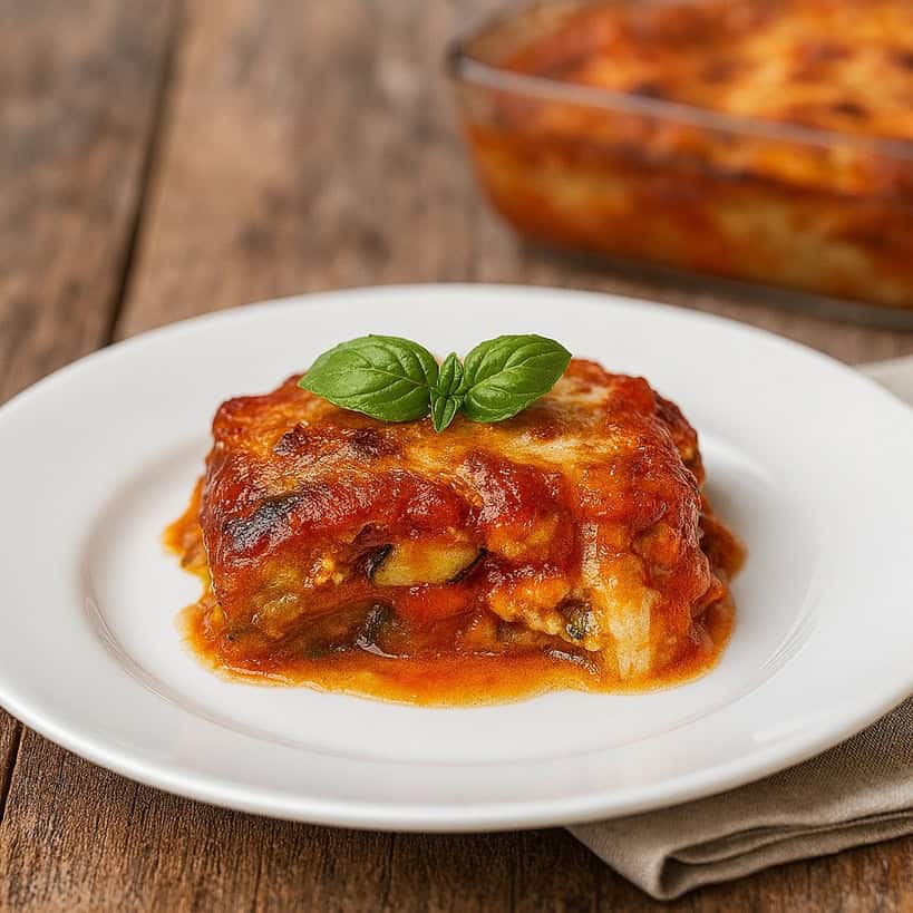 Parmigiana di zucchine servita su piatto bianco elegante, con basilico fresco, su sfondo rustico in legno e pirofila con parmigiana di zucchine sullo sfondo.