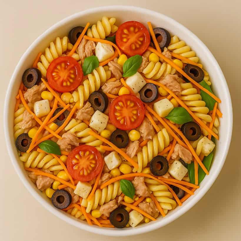 Ciotola rotonda con pasta fredda vista dall’alto, con pomodorini, olive, tonno, mozzarella, carote, mais e basilico
