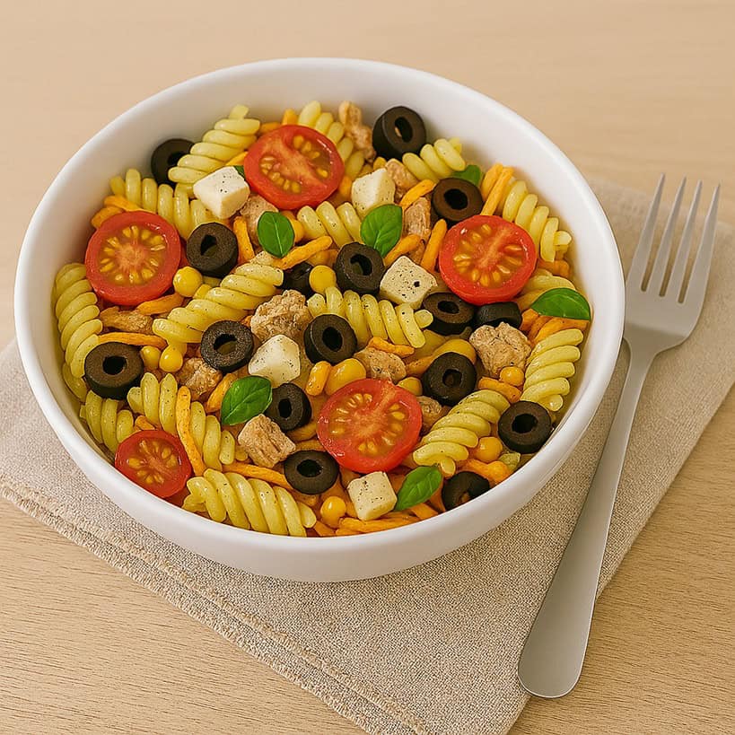 Pasta fredda in ciotola bianca con carote julienne, pomodorini, tonno, olive, mais e mozzarella