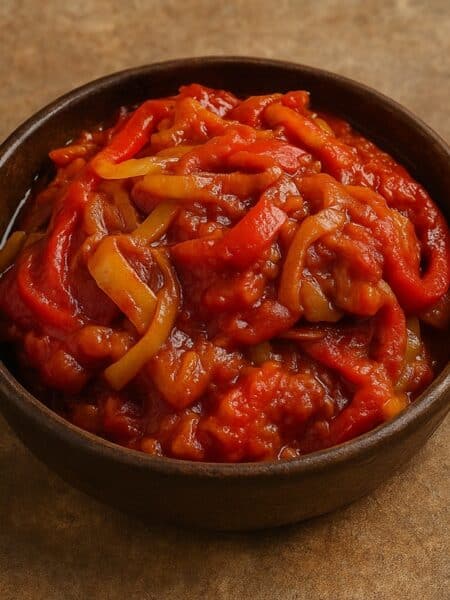 eperonata servita in una ciotola rustica su sfondo marrone, con peperoni e cipolle stufati in salsa di pomodoro.