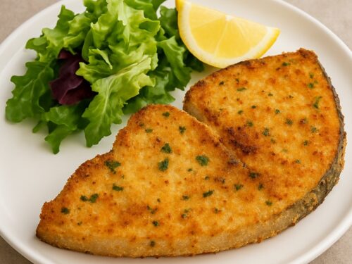 Pesce spada al forno impiattato con insalata e spicchio di limone