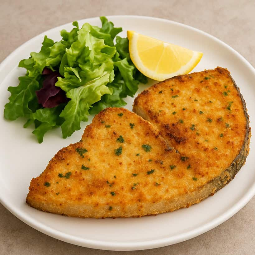Pesce spada al forno impiattato con insalata e spicchio di limone