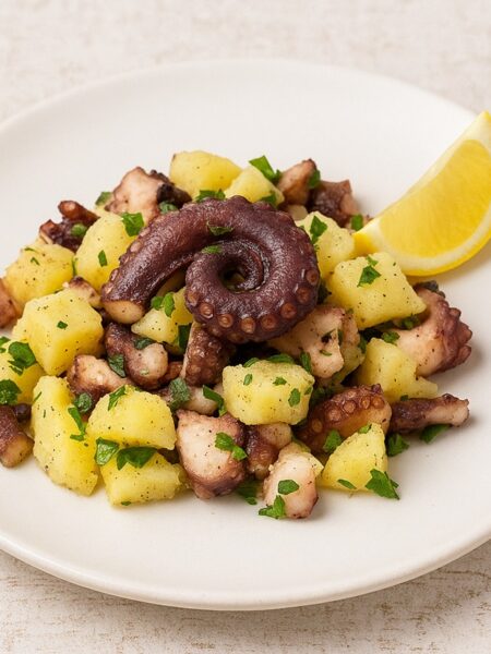Polpo con patate servita su piatto bianco, con prezzemolo fresco e spicchio di limone