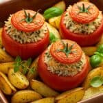 Pomodori ripieni di riso alla romana con patate al forno e basilico fresco