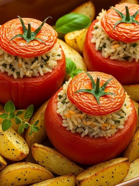 Pomodori ripieni di riso alla romana con patate al forno e basilico fresco