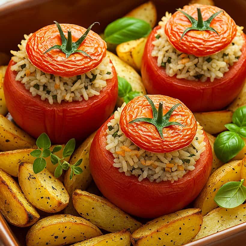 Pomodori ripieni di riso alla romana con patate al forno e basilico fresco