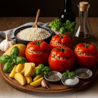 Pomodori maturi ripieni di riso crudo su tagliere con patate, riso, aglio, basilico e olio
