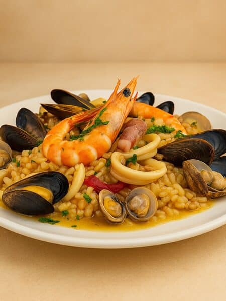 Risotto alla pescatora cremoso con frutti di mare freschi servito in un piatto bianco