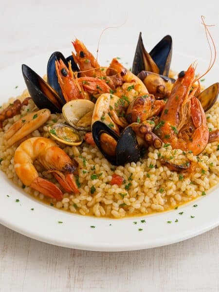 Risotto alla pescatora servito su un piatto bianco, con cozze, calamari, gamberi e vongole, guarnito con prezzemolo fresco.