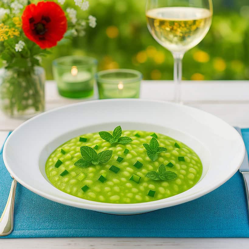Risotto alle zucchine decorato con menta, servito in un piatto bianco su una tavola apparecchiata con atmosfera estiva