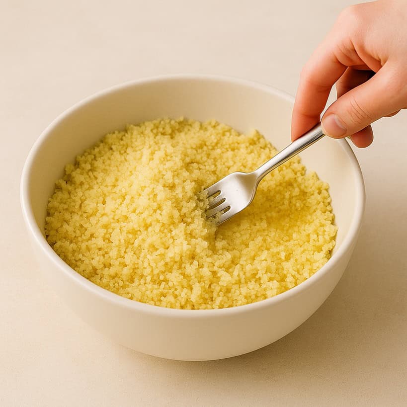 Mano che sgrana il cous cous con una forchetta in una ciotola chiara