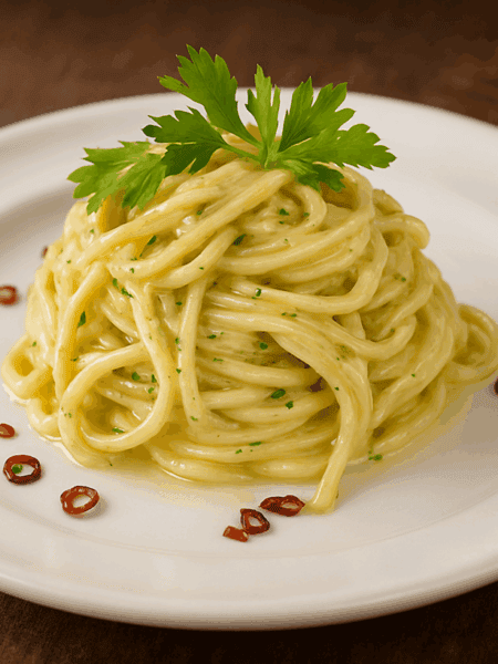 Spaghetti aglio e olio cremosi in primo piano con prezzemolo fresco e peperoncino