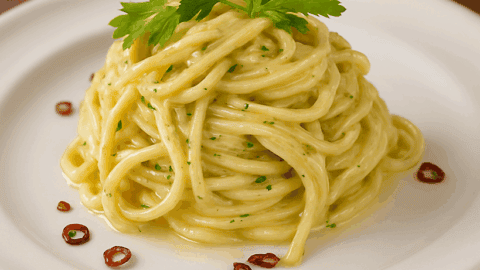 Spaghetti aglio e olio cremosi in primo piano con prezzemolo fresco e peperoncino