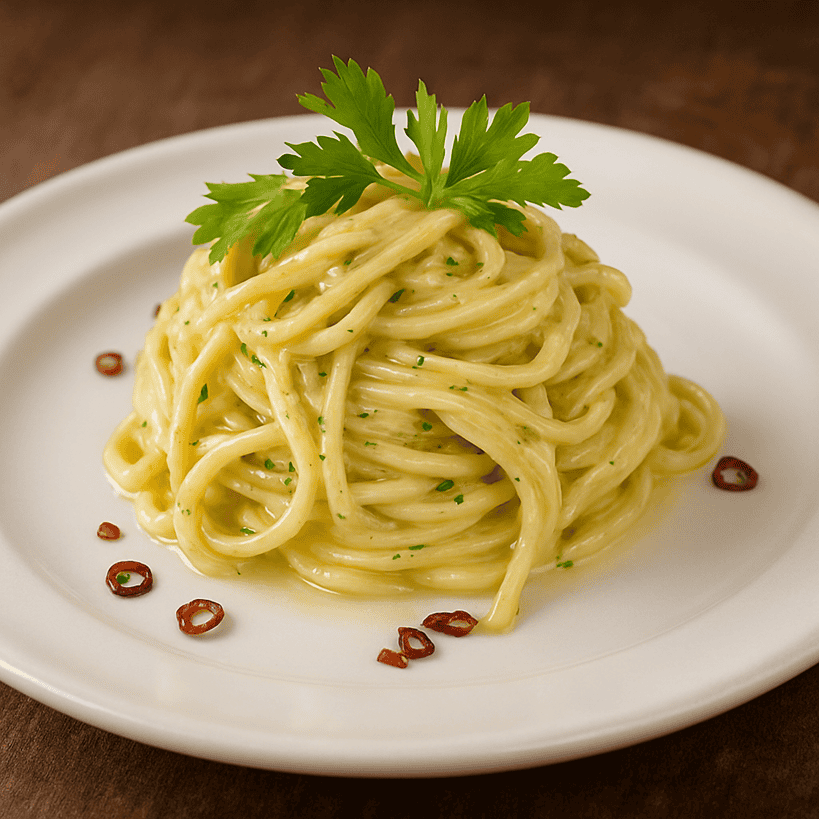 Spaghetti aglio e olio cremosi in primo piano con prezzemolo fresco e peperoncino