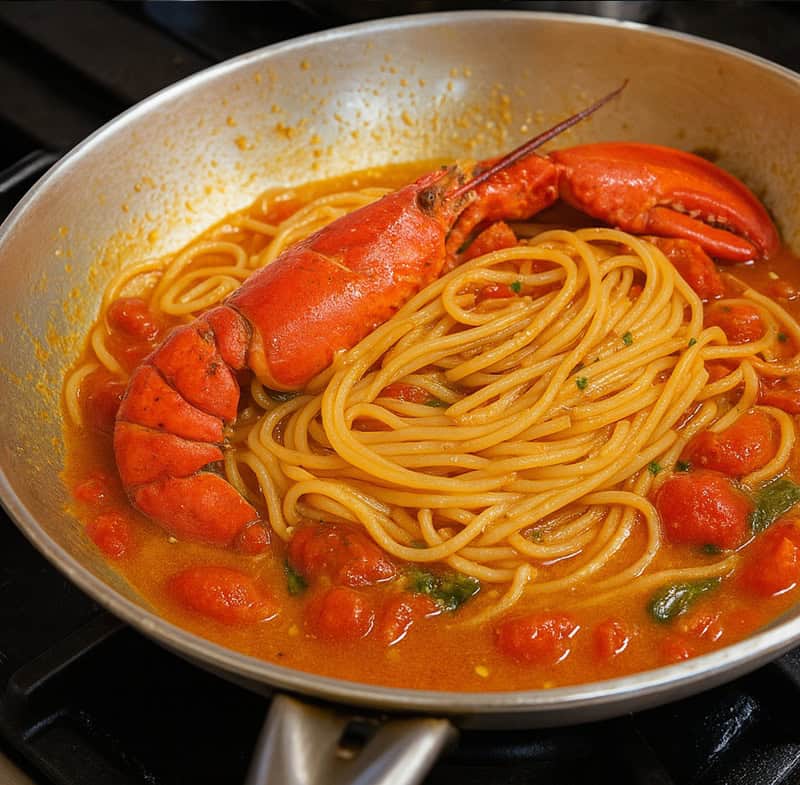 Linguine mantecate con sugo di pomodorini e mezzo astice in una padella su fornello professionale