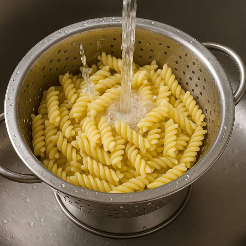 Fusilli in uno scolapasta sotto un getto d’acqua fredda